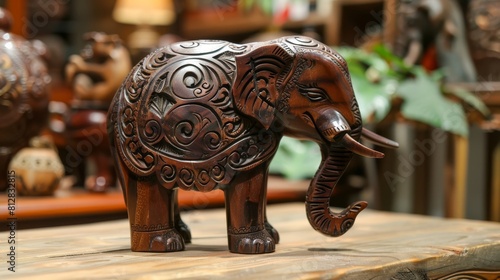 A carved wooden elephant figurine covered in polished lacquer, reflecting Thai artistry The detailed carvings and dark wood grain emphasize the craftsmanship