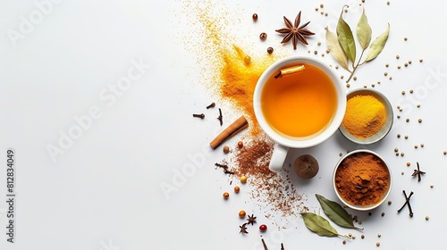 Creative layout made of a cup of tea with Ayurvedic spices on white background Flat lay Food concept Macro concept : Generative AI