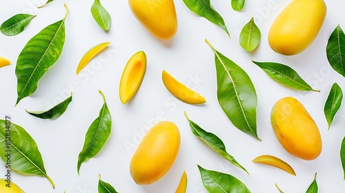Creative layout made of mango and leaves Flat lay Food concept Mango on white background : Generative AI