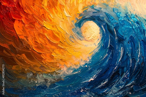 Vivid depiction of the El Nino phenomenon, focusing on oceanic currents swirling under the suns intense heat Rippling textures create dramatic contrasts between cool blues and warm oranges