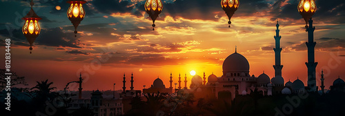 majestic mosque tower silhouetted against a stunning sunset sky, framed by a lush green tree