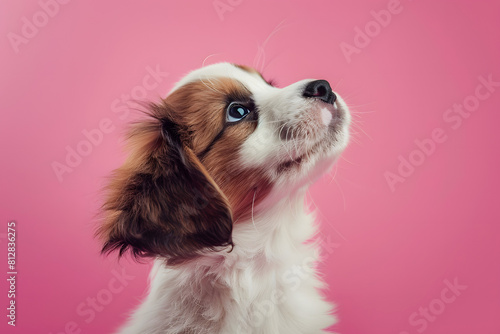 Adorable Puppy: A fluffy puppy with floppy ears and soulful eyes, looking up with innocence and charm, against a puppy love pink background 