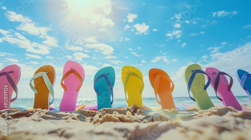 Row of colorful flip flops on beach against sunny sky : Generative AI