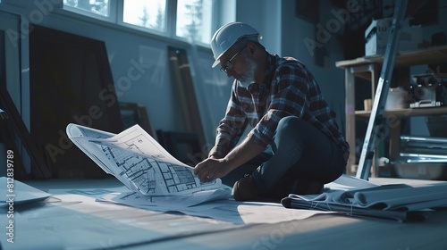 Architect builder studying layout plan of the rooms while sitting on the floor serious civil engineer working with documents on construction site or home interiorBuilding repair and ho : Generative AI