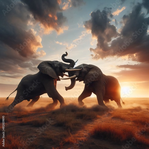 The elephant fights at sunset.