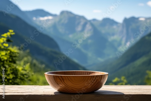 wooden cup on a mountain background