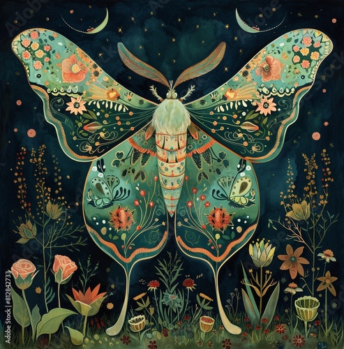 A green Luna moth with outstretched wings rests on a dark background surrounded by colourful flowers and small stars. A crescent moon hovers above it, creating a serene night landscape.