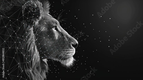 Lion. Digital polygon illustration. Isolated line and dots technology illustration. King of beasts wireframe 3d AI generated