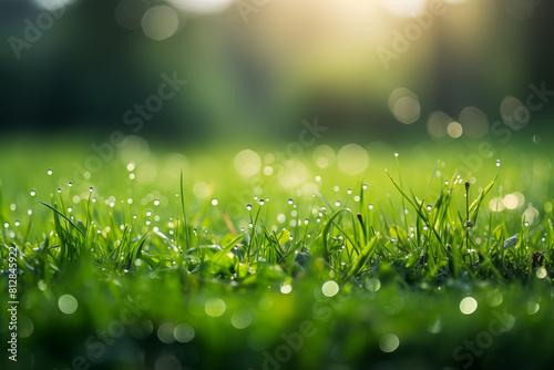 Field of green grass with dew drops on it. The grass is lush and vibrant, and the dew adds a sense of freshness and tranquility to the scene.