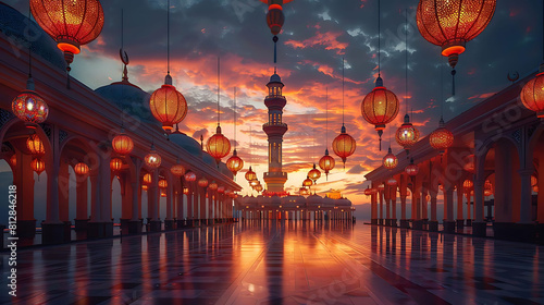 sunset serenity with mosque tower and colorful lanterns on shiny floor