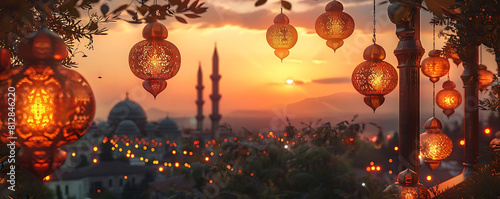 sunset serenity with mosque tower in the background