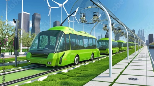 Illustrate a series of vehicles powered by clean energy sources such as electric batteries or hydrogen fuel cells. Showcase sleek and efficient designs that represent the future of transportation. 