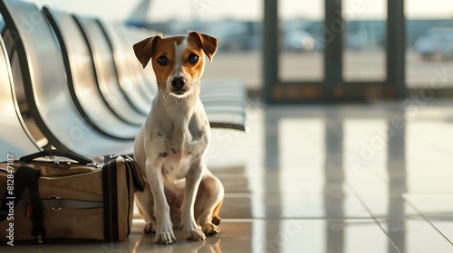holiday vacation jack russell dog waiting in airport terminal ready to board the airplane or plane at the gate luggage or bag to the side : Generative AI