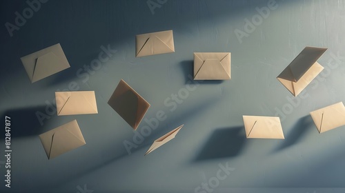 Floating envelopes on gray background with shadow Minimalism modern business still life creative layout : Generative AI