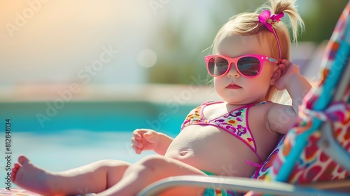 Funny cute baby girl on summer vacation Child having fun in swimming pool Sweet toddler girl in colorful swimsuit and sunglasses relaxing on sunbed : Generative AI