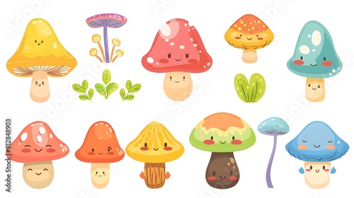 Whimsical and Colorful Cartoon Mushroom Characters in a Natural Setting