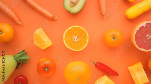 Creative layout made of carrot papaya orange grapefruit apricot melon tangerine curcuma and pepper on the orange background Flat lay Food concept Macro concept : Generative AI