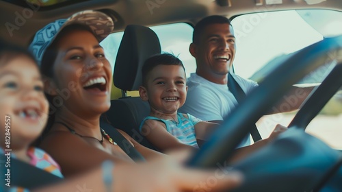 Excited to get to the beach Beautiful hispanic family feeling happy while driving to a vacation spot with their little kids : Generative AI