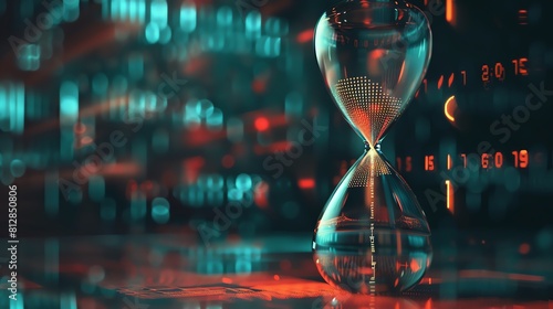 An hourglass timer sits on a reflective surface. The sand inside the timer is glowing. The background is a blurred out circuit board.