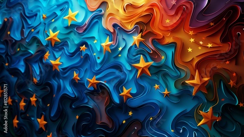 Abstract interpretation of European Union, dynamic blend of colors and shapes, EU stars dancing among abstract forms, AI Generative hyper realistic 
