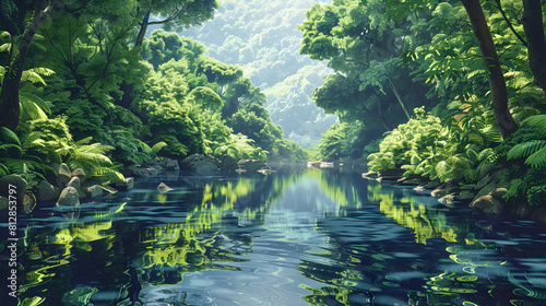 Old Growth Forest Stream: A serene meandering stream among lush undisturbed vegetation Flat Design Backdrop Concept