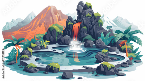 Unique Natural Spa Experience: Thermal Pools Steaming in Volcanic Setting Isometric Scene Flat Design Backdrop Amid Rugged Landscapes
