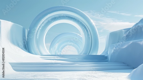 Abstract winter scene with geometrical forms, arch with a podium in natural light. surreal background. 3D render. hyper realistic 
