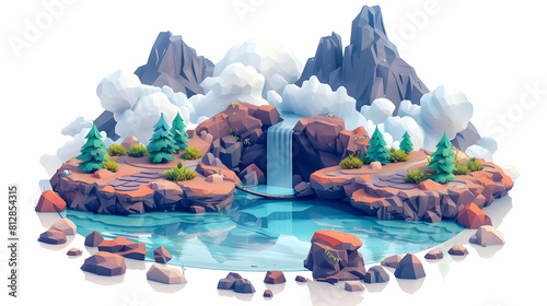 Thermal Pools in Volcanic Setting: A Unique Natural Spa Experience Amid Rugged Landscapes Isometric Flat Design Backdrop Illustration