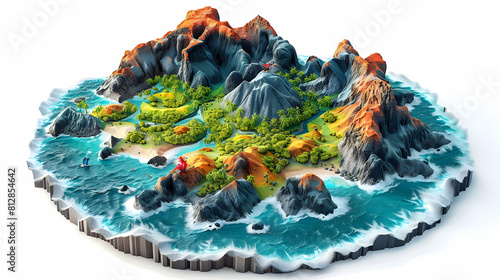 Flat Design Backdrop: Volcanic Archipelago from Above Aerial Shot Showcasing Diverse Formations and Vibrant Life on Each Island