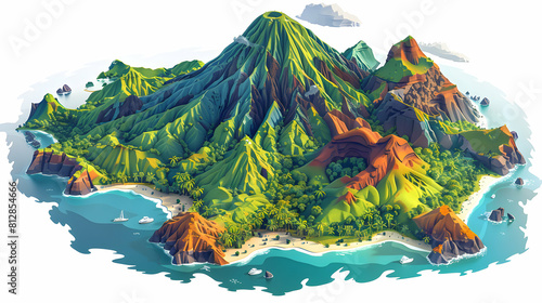Flat Design Backdrop: Aerial View of Volcanic Archipelago Diverse Formations and Vibrant Life on Each Island in Isometric Scene