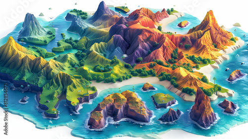 Flat Design Backdrop: Aerial view of Volcanic Archipelago Isometric Flat Illustration Concept Showing Diverse Formations and Vibrant Life on Islands