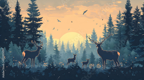 Aesthetic flat design backdrop: Wildlife in Old Growth Habitat showcasing the rich biodiversity of an undisturbed old growth forest where wildlife thrives. Flat illustration conc