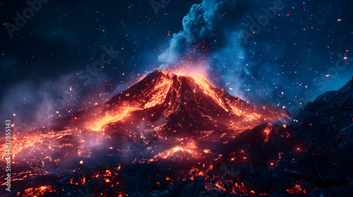 Photo realistic of active volcano under night sky with lava trail illuminating darkness Stock Photo Concept
