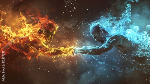 Elemental forces like fire and water in a tug-of-war, depicting balance and cooperation in nature