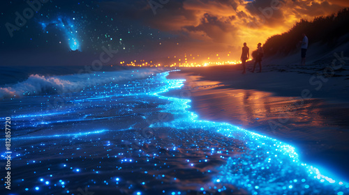 Enchanting Bioluminescent Beach Party: Beachgoers Revel in Glowing Sands at Night