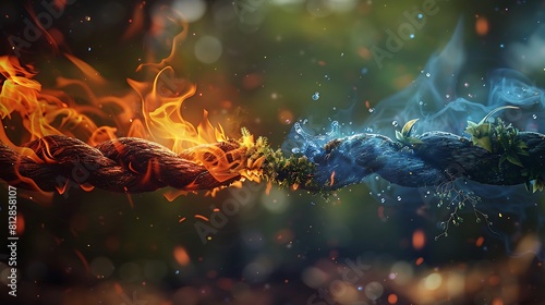 Playful representations of elements like fire, water, earth, and air in a tug-of-war, showcasing teamwork in nature's forces