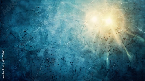Scratched background Lens flare effect Blue distressed aged faded grunge surface with smeared stains dust noise colorful light design : Generative AI