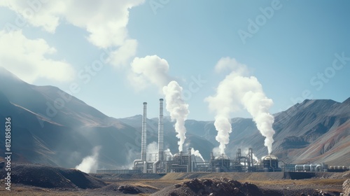 A geothermal power plant emitting steam from its towers, 