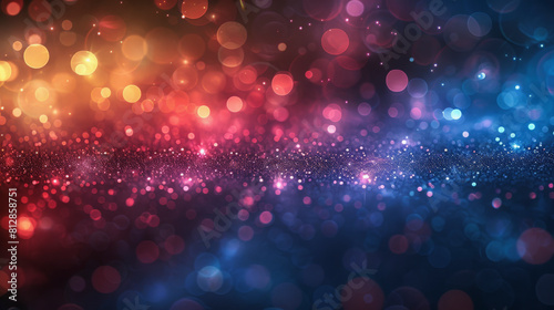 Abstract bokeh background with colorful blurred lights transitioning from warm reds to cool blues, creating a sparkle effect reminiscent of a festive atmosphere.