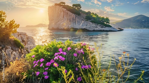 Bright spring view of the Cameo Island Picturesque morning scene on the Port Sostis Zakinthos island Greece Europe Beauty of nature concept background : Generative AI