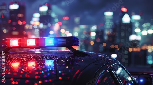 Blue and red light flasher atop of a police car. City lights on the background. hyper realistic 