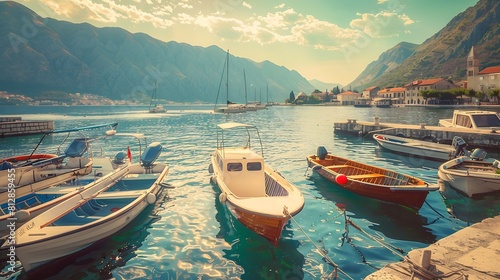 Harbour and boats in sunny day at Boka Kotor bay Boka Kotorska Montenegro Europe Retro toned image : Generative AI