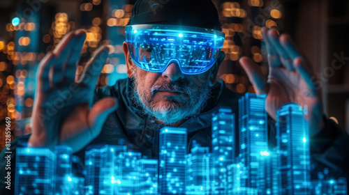A person wearing a futuristic visor manipulates holographic cityscape projections with hands, suggesting advanced technology for urban planning or virtual reality interaction.