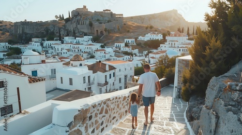 Family travel in Greece father and child sightseeing Rhodes island Lindos city white houses aerial view architecture landmarks summer vacations lifestyle man with daughter walking toge : Generative AI