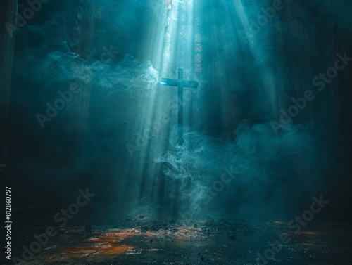 In the darkness, a beam of overhead light hits the floor, forming a cross symbol, religious culture, Jesus, Christianity, culture, hope, salvation，Symbol of Hope and Redemption: Illuminated Cross in 