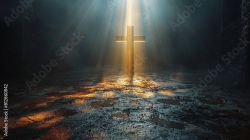 In the darkness, a beam of overhead light hits the floor, forming a cross symbol, religious culture, Jesus, Christianity, culture, hope, salvation，Symbol of Hope and Redemption: Illuminated Cross in 
