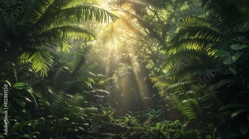 Dark rainforest, sun rays through the trees, rich jungle greenery. Atmospheric fantasy forest. 3D illustration. hyper realistic 