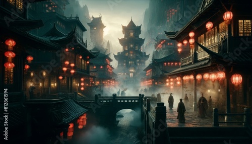 Ancient Chinese city illuminated by red lanterns in a foggy mystical evening setting