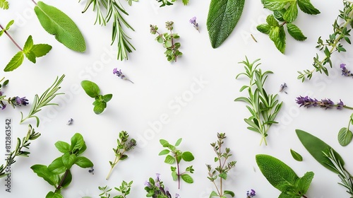 Rosemary mint lavender marjoram sage lemon balm and thyme layout Creative frame with fresh herbs on white background Top view flat lay Healthy eating and alternative medicine concept : Generative AI