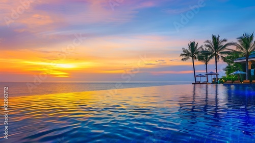 Outdoor luxury sunset over infinity pool swimming summer beachfront hotel resort tropical landscape Beautiful tranquil beach holiday vacation background Amazing island sunset beach vie : Generative AI